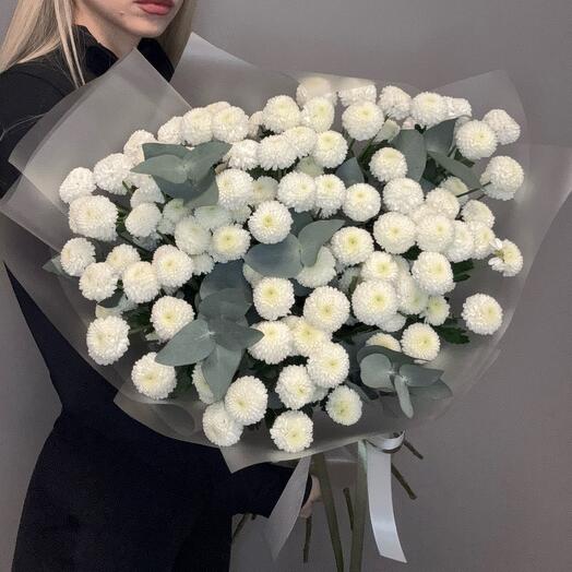 Bouquet of chrysanthemum balls with eucalyptus