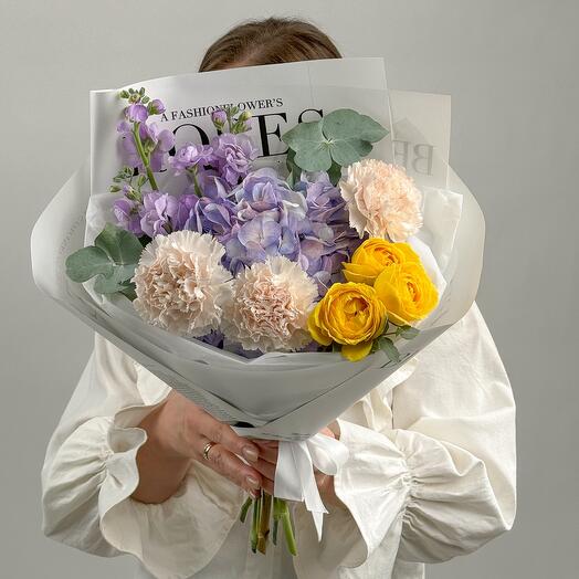 A delicate bouquet with a bright pionoid rose. Bouquet 441