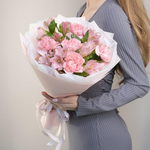 Розовая гвоздика с альстромерией мини букет les fleur (В0020)