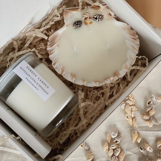 Gift set of candles "sea inspiration" (a candle in a shell and a candle 180ml in a glass)