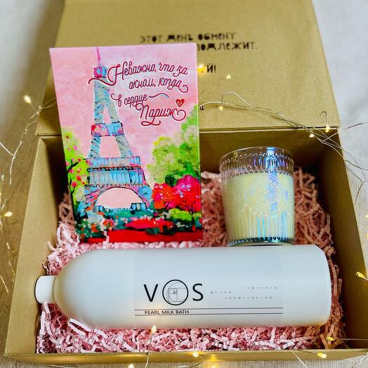 Подарочный набор с жемчужной ванной, арома свечей и открыткой-картиной