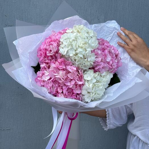 Букет бело-розовый микс из гортензии (гортензия белая и розовая 5 шт)