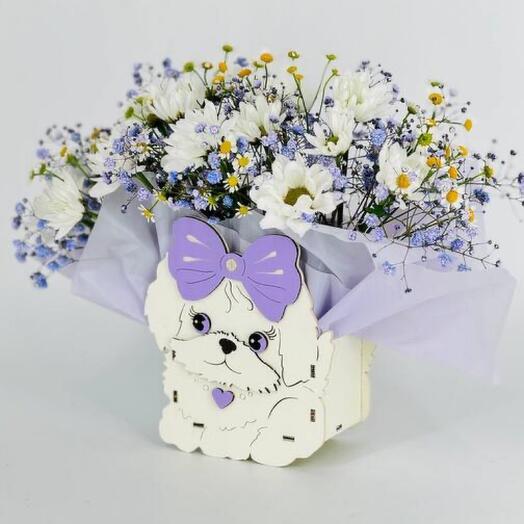 Children's bouquet of flowers in kashpo dog