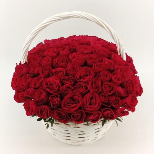 101 red rose Explorer in white wicker basket