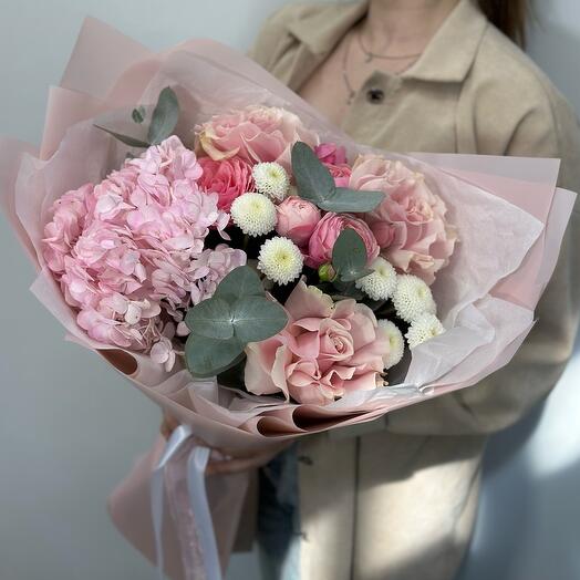 Bouquet with French roses, hydrangea, pionoid roses and eucalyptus herbs