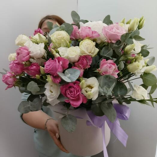 Bouquet of rose pionivate bush eastoma eucalyptus peony