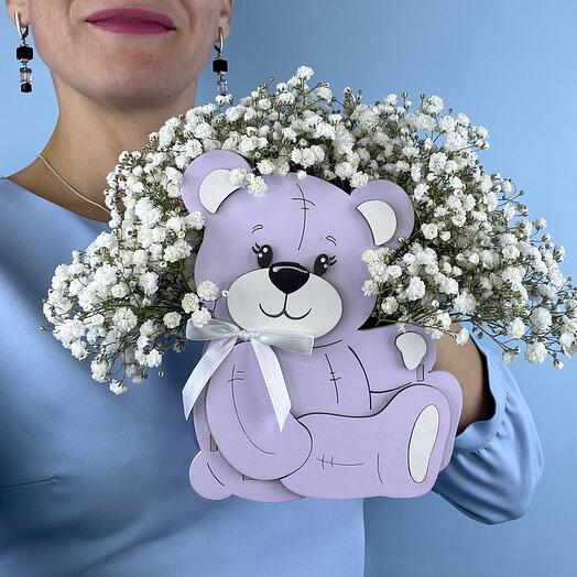 Мишка с букетом гипсафилы