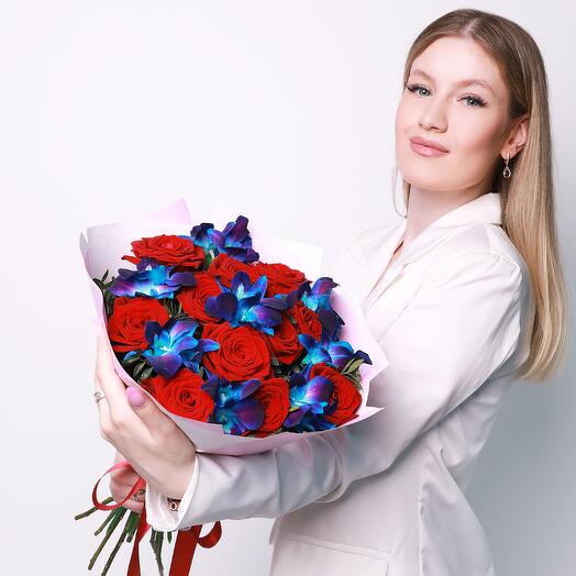 Space orchids with red roses. Bouquet 141 Almond Roses