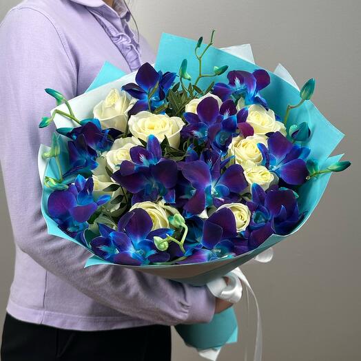 White roses with cosmic orchids XL. Bouquet 412 Almond Roses