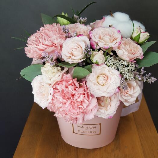 Flowers in the pink box mini, with a pink bush rose, diantus and cotton