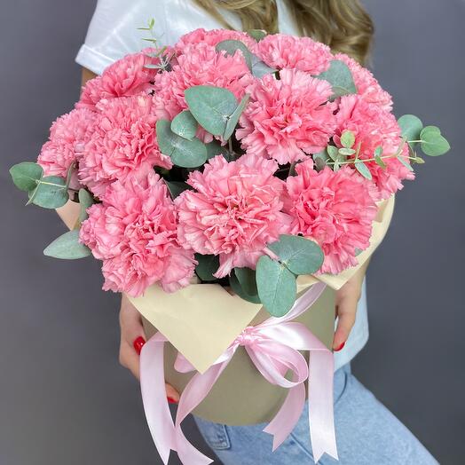 Dianthus with eucalyptus in the box
