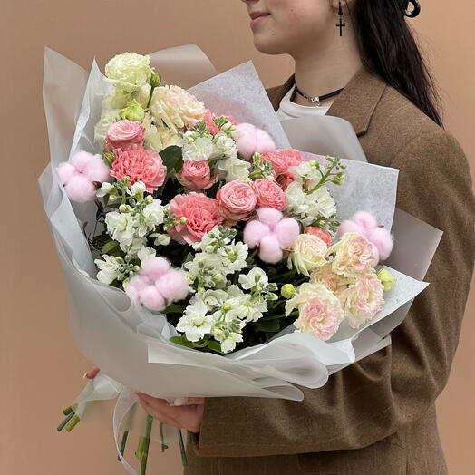 Delicate bouquet with mattiola and cotton