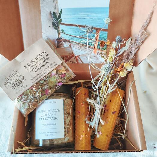 Gift set with salt, herbal tea, candles from wax