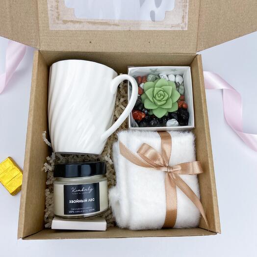 Подарочный набор с кружкой, свечей, шоколадом и белыми носками