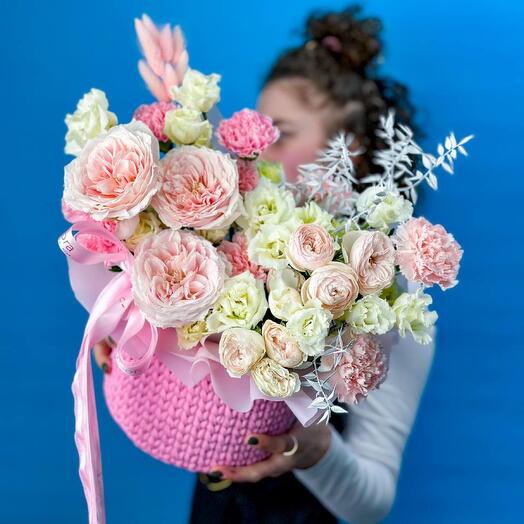 Flowers in the basket. Japanese pionoid roses. Composition 686 Leora Flowers House of Floral Fashion