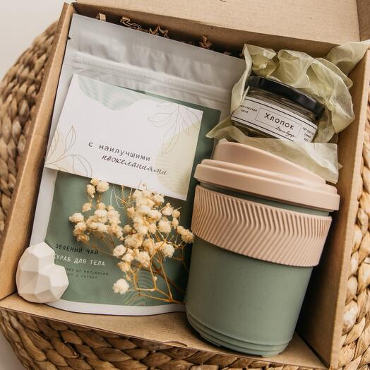 Подарочный набор с термостаканом и скрабом "Весенняя симфония" на день рождения, свадьбу, юбилей