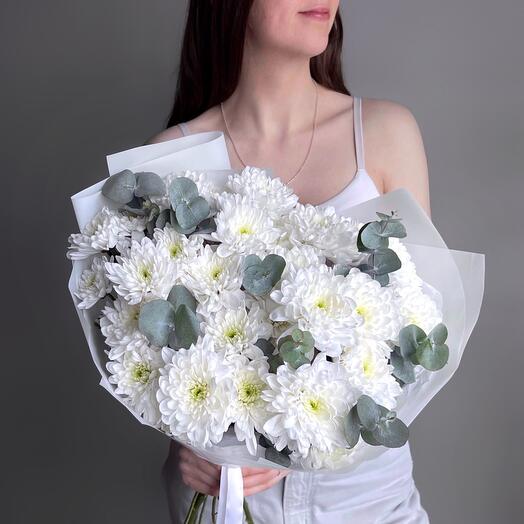 Bouquet white chrysanthemum bush Baltic and eucalyptus