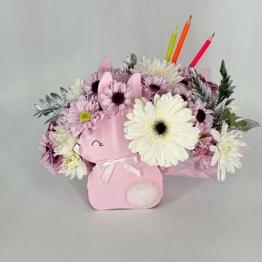 Bunny with flowers and colored pencils