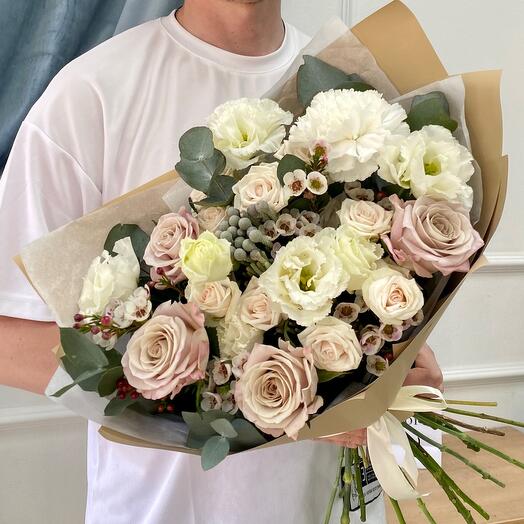 A bouquet of copyright roses, eastoma and chamelarium - coffee with milk art. 020