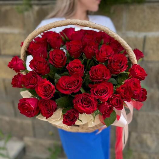 🔥"Люблю" Букет из 51 красной розы кении в корзине