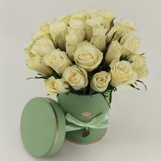 A composition of 25 white roses athena in a gift box