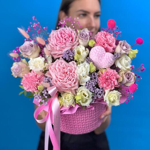 Flowers in the basket. Pink heart and Japanese pionoid roses. Composition 599. Leora Flowers House of Floral Fashion