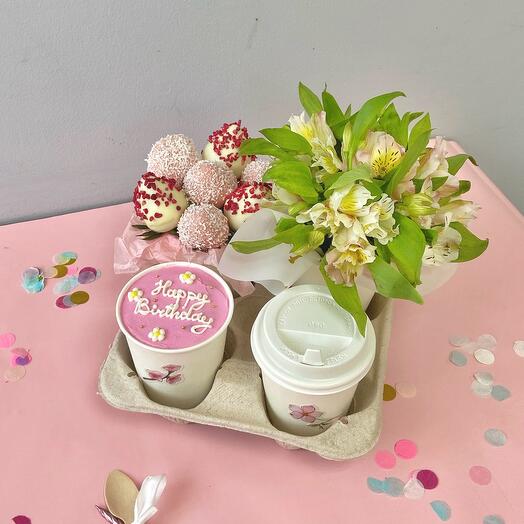 Комбо! Бенто торт на день рождения Клубника в шоколаде Кофе Цветы из альстромерий