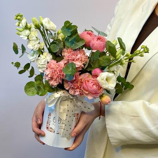 Flowers in a box with strong pink, diantus and eucalyptus from Chalet Green