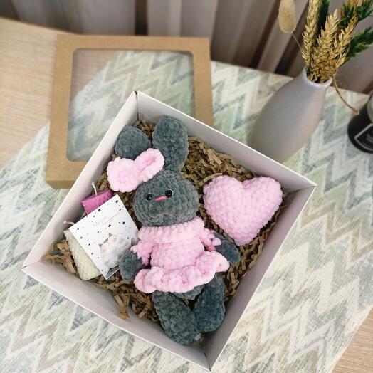 Gift set with a plush bunny in a pink dress and handmade heart