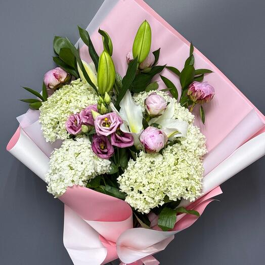Пионы, Лилия, Букет из пионов, белой лилии, гортензии и эустомы