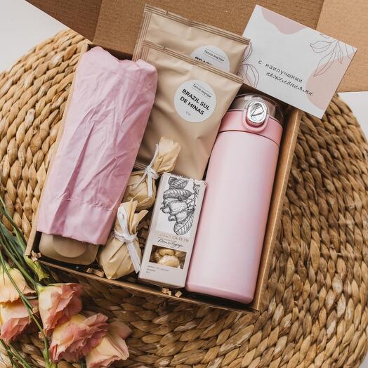Gift set for mom, grandmothers, girls with thermos, umbrella and sweets