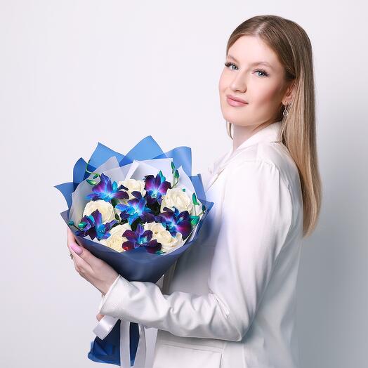 Bouquet of blue orchids and white roses. Bouquet 155 Almond Roses