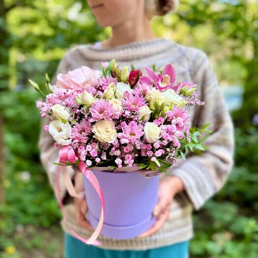 Author's composition of fresh flowers in the box