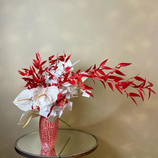 White-red Ikebana with ceramic vase