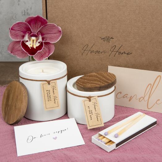 Подарочный набор "День в Спа" для девушки, женщины, коллеги: свечи ручной работы в гипсовой керамике