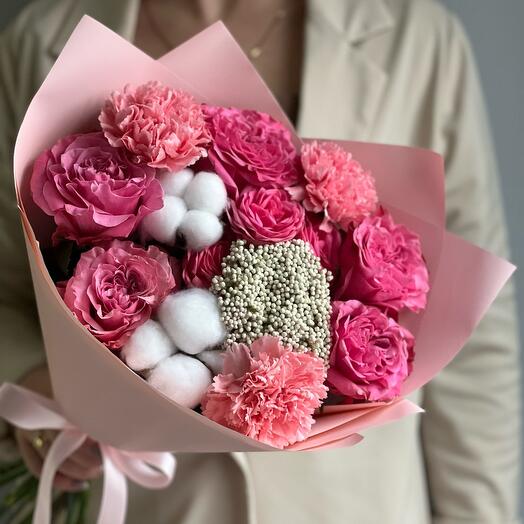 Pink bouquet with pionoid roses raspberry