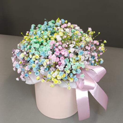 Multi -colored gypsophila in a hat box