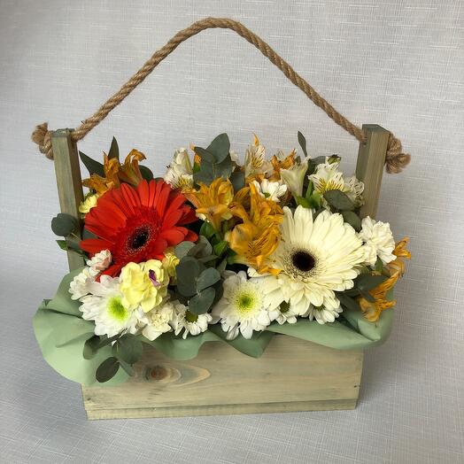 Герберы альстромерия в ящике