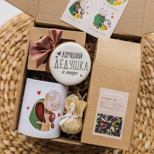 Gift set for a grandfather with a mug, tea, honey and nuts
