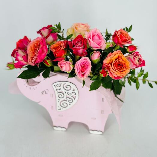 Flowers multi -colored bush roses in kashpo elephant