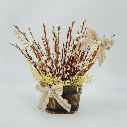 Деревянное кашпо кадушка с живой вербой