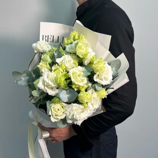 Bouquet of white eastoma with eucalyptus