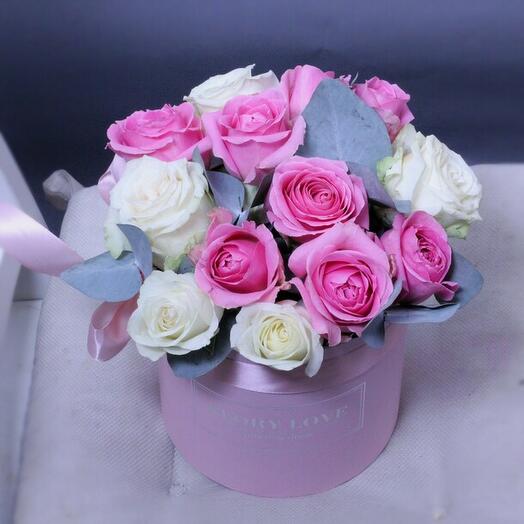 Hat box with roses, pink and white with eucalyptus