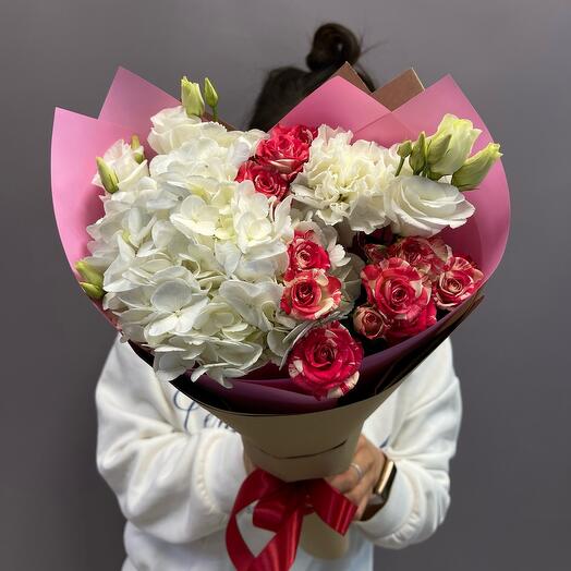 Bouquet with white hydrangea, white eusta and bush rose