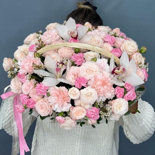 Basket with orchids, bush rose, diantus