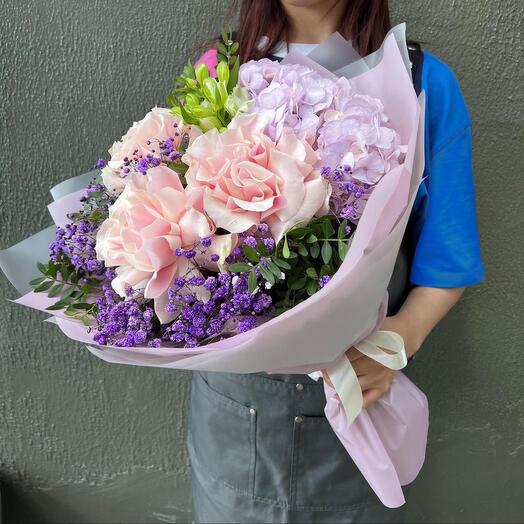 Author's bouquet of hydrangea and French roses